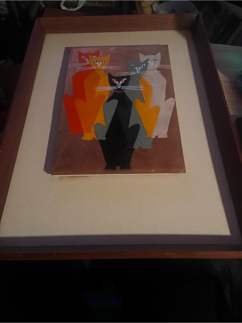 vintage framed cat artwork Frame 18 X 13” Inside Art  11 X 7.5 “